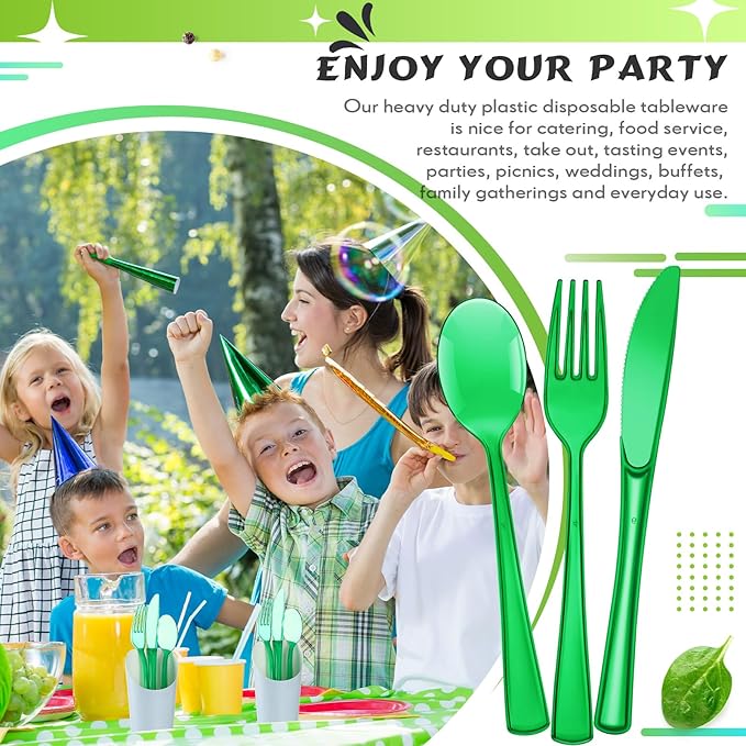 Minatee 150 Pieces Disposable Cutlery Set Plastic Silverware Heavy Duty Utensil Sets 50 Forks 50 Knives 50 Spoons for Home Office School Party Picnics Restaurant Outdoor Events(Green)