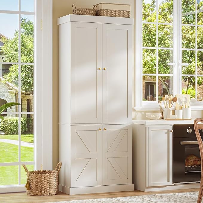 70.8" Tall Farmhouse Kitchen Pantry Cabinet with Glass Doors, Modular Wooden Storage Cabinet with 6-Tier Adjustable Shelves, Hutch for Kitchen or Living Room, White, Set of 2
