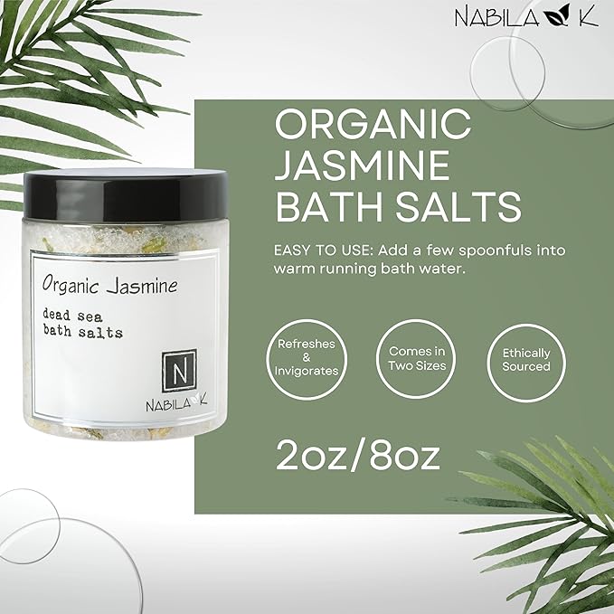 Organic Jasmine Bath Salts by Nabila K - Dead Sea Salt & Epsom Salt Scrub & Soak - Exfoliates & Hydrates Skin, Botanical Essential Oils - Bubble Bath Accessories for All Skins Types, 8 oz-BrightBean Baby