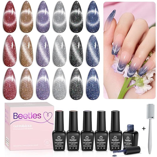 Beetles Cat Eye Gel Nail Polish Set 6 Colors Glitter Red Purple Blue Nail Polish with Magnet Spring Gel Polish Soak Off U V Led Gifts for Women Girls Salon DIY Home-BrightBean Baby