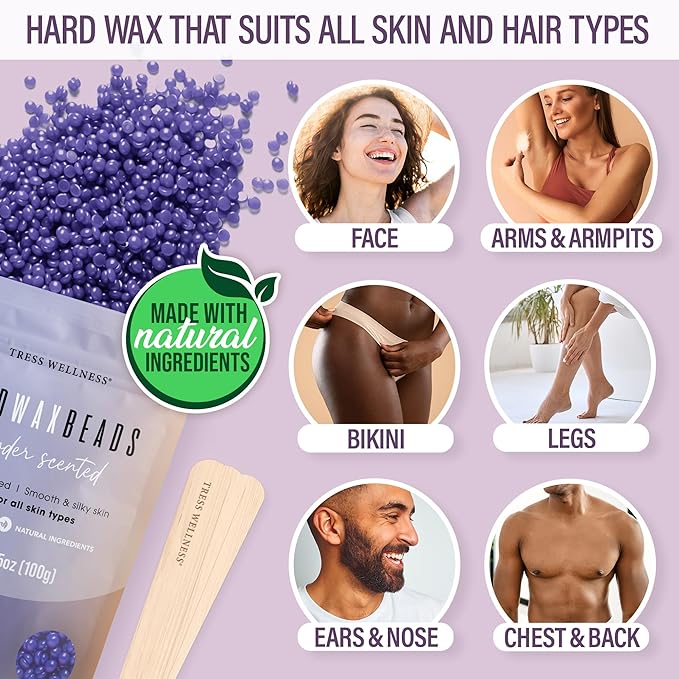 Tress Wellness Waxing Kit for Sensitive Skin – Safe for Face & Skin, Prep & Aftercare Spray, Easy to Use – At-Home Kit for Face, Bikini, Brazilian & Full Body - Digital Display, Misty Lilac-BrightBean Baby