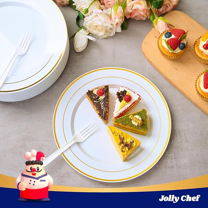 JOLLY CHEF 200 Pieces Gold Plastic Plates, 10 Inch Elegan Disposable Plates White Plate with Gold Rim,Plastic Plates for Thanksgiving、Birthdays and Weddings