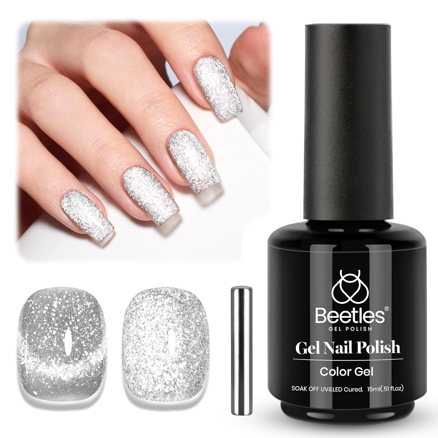 Beetles Sliver Cat Eye Gel Nail Polish - 15ML Glitter Cat Eye Magnetic Holographic Fall Gel Polish Soak Off UV Salon DIY French Nail Art Gift for Women-BrightBean Baby