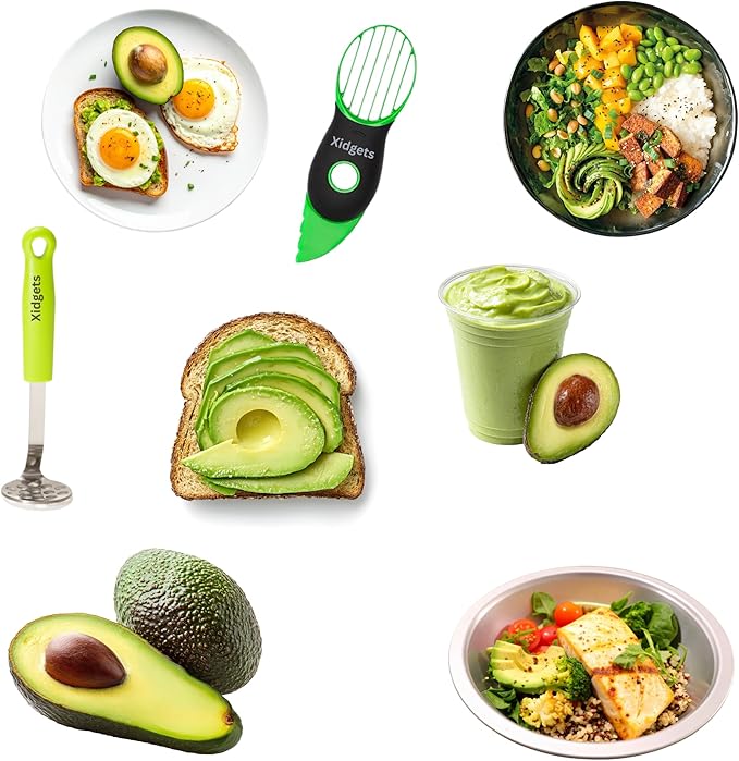 2pc Avocado Tool Set in Box - 3-in-1 Avocado Slicer with Cutter & Pit Remover + Mini Masher - Kitchen Utensil Gift Set for Guacamole Lovers by Xidgets (Zippy Green/Zippy Green)