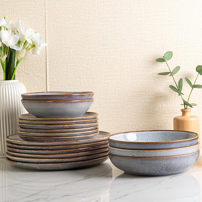 AmorArc 8.5'' Large Pasta Bowls, 36oz Ceramic Salad Serving Bowls Set of 6 for Kitchen, Wide Stoneware Bowls for Pasta,Salad,Fruit,Bread, Microwave Safe, Reactive Glaze-Blue