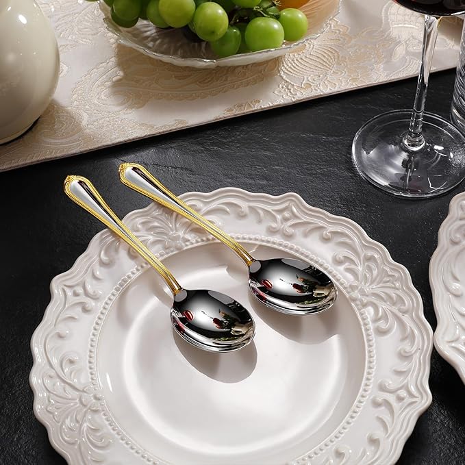 KEAWELL Pearl Edge 4-Piece Premium Spoon Set, 18/10 Stainless Steel, Fine Silverware Spoons with Refined Bead Design, Brightly Polished, Dishwasher Safe (Gold Accent, 6.3" Condiment Spoons)