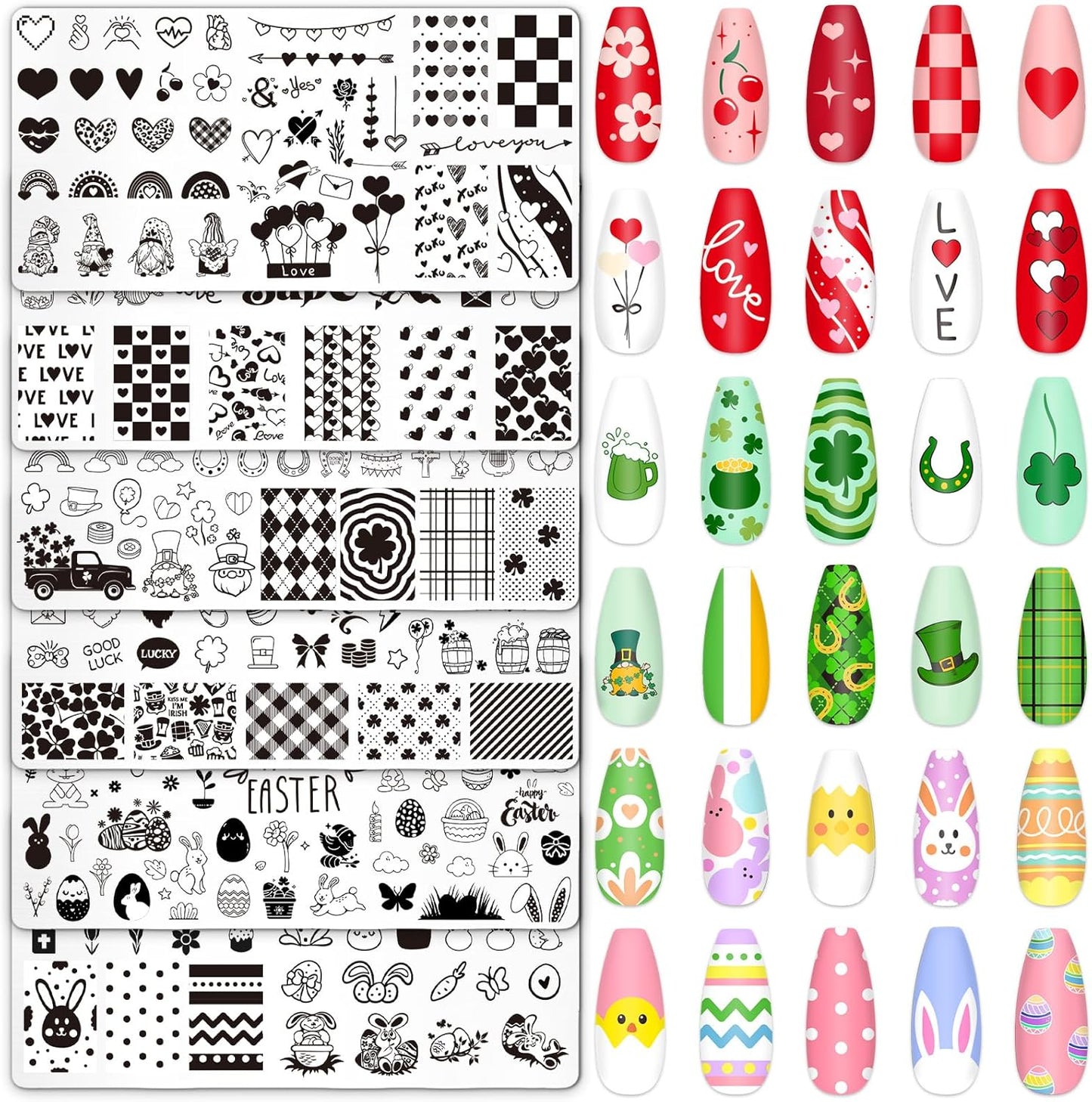 Whaline 6Pcs Valentine's Day St. Patrick's Day Easter Nail Plates Stamping Set Heart Shamrock Egg Stamp Templates Nail Art Plates for DIY Print Manicure Salon Design-BrightBean Baby
