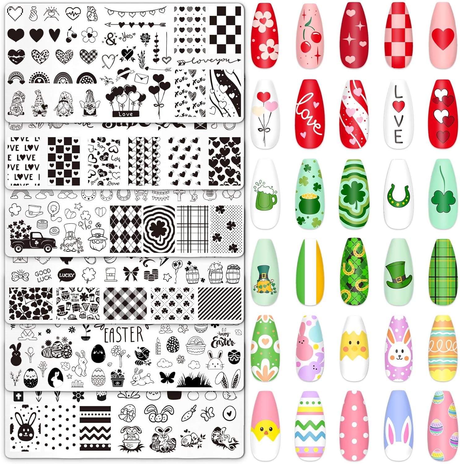 Whaline 6Pcs Valentine's Day St. Patrick's Day Easter Nail Plates Stamping Set Heart Shamrock Egg Stamp Templates Nail Art Plates for DIY Print Manicure Salon Design-BrightBean Baby