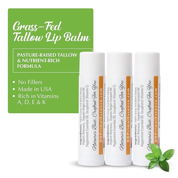 Moisturizing Tallow Lip Balm – Grass-Fed Beef Tallow with Organic Coconut Oil, Beeswax, and Vitamin E – Peppermint – Lip Balm Set – Travel Essential – 3-Pack-BrightBean Baby