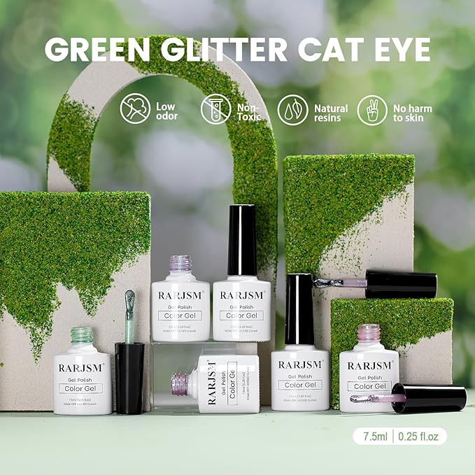 RARJSM Green Cat Eye Gel Nail Polish Set 6pcs Reflective Sparkly Diamond Glitter Nude Pink Blue Purple Clear Glass Cateye Gelpolish with Magnet Stick 7.5ml Curing Requires Soak Off for Home Salon-BrightBean Baby