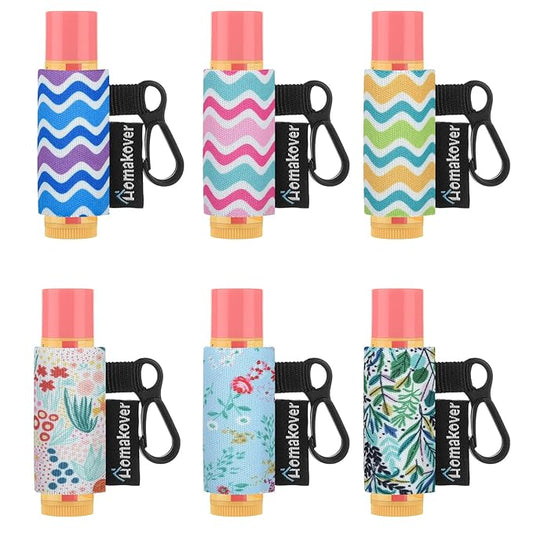 6 Pack Compact Clip-On Chapstick Holder Premium Release Clip Neoprene Sleeve Lip Balm with Clip Fits Most Standard Lip Balm, Large-BrightBean Baby