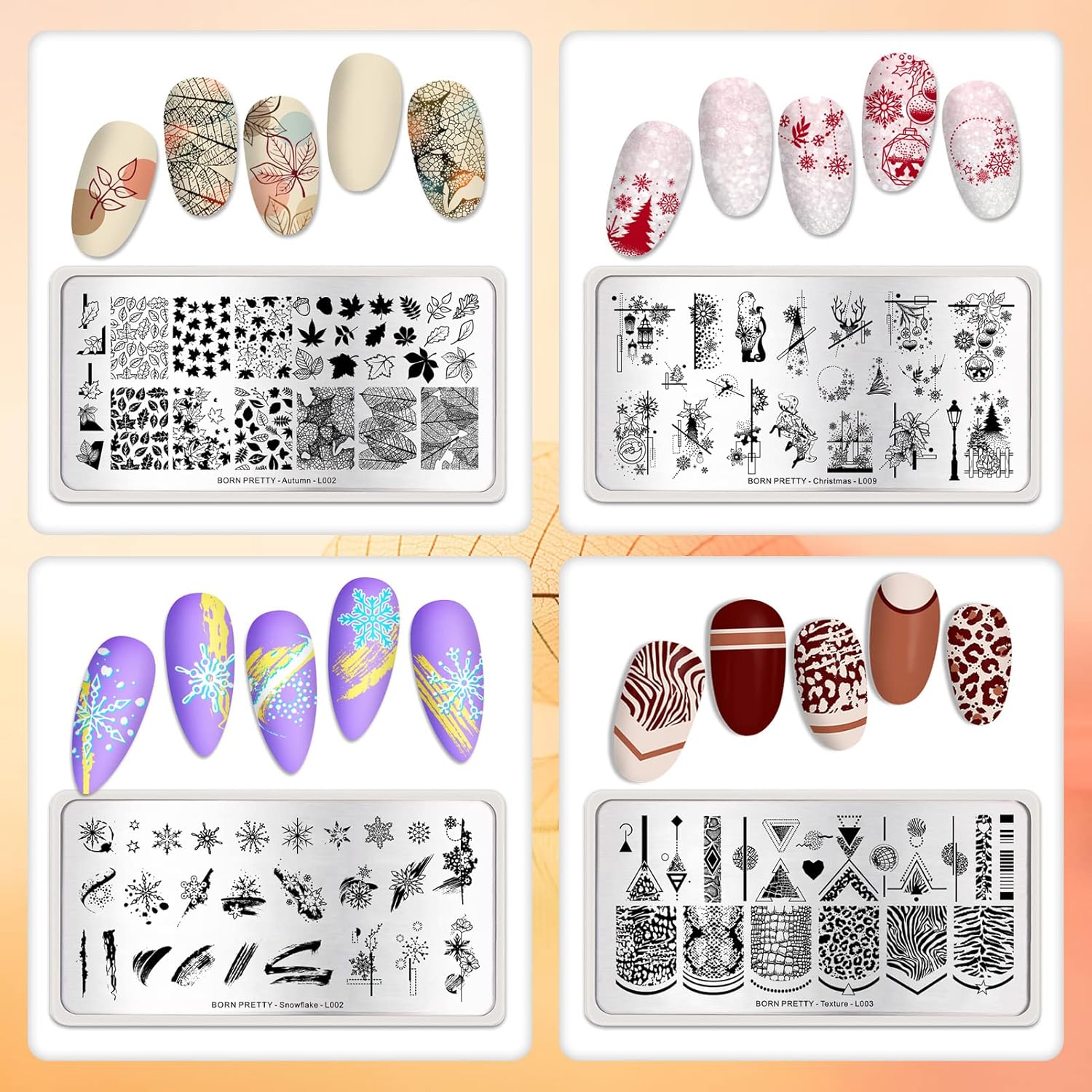 Born Pretty Nail Stamping Plates 8PCS Nail Art Design Kit Fall Winter Halloween Christmas Tree with Snowflake Cute Deer Nail Art Image Plates Halloween Christmas Patterns Templates DIY Printing Tools-BrightBean Baby