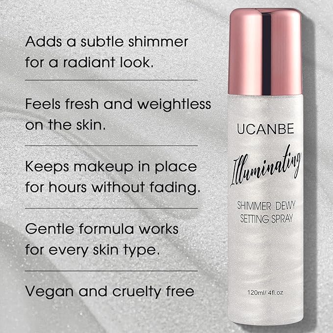 UCANBE Shimmer Dewy Setting Spray – Glowing + Makeup Setting Spray 2 in 1 Lightweight Formula for a Radiant Glow,Long-Lasting Face Mist for Face Body, 4 Fl Oz #Silver-BrightBean Baby