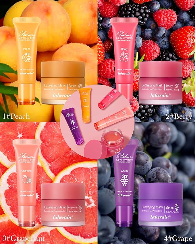 2Pcs Lip Glowy Balm & Lip Sleeping Mask Set,Hydrating Nourishing Repair Sleeping Lip Mask,Glossy Tinted Lip Balm,Day & Night Smooth Cracked Chapped Dry Lip,Lip Care Therapy Treatment for Women-01Peach-BrightBean Baby