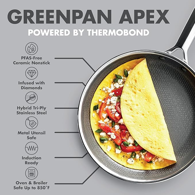GreenPan Hybrid 13 Piece Nonstick Stainless Steel Cookware Set, APEX Tri-Ply Thermobond PFAS-Free Ceramic Pots & Pans, Induction & All Cooktop Compatible, Oven Temp to 850°F, Dishwasher Safe, Silver