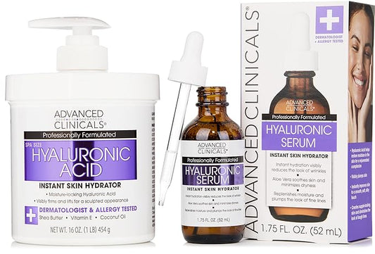 Advanced Clinicals Hyaluronic Acid Moisturizer Body Cream + Hyaluronic Acid Serum 2PC Skin Care Set | Face Serum & Body Lotion Help Diminish Appearance Of Wrinkles, Fine Lines, & Dry Skin, 2PC Bundle-BrightBean Baby