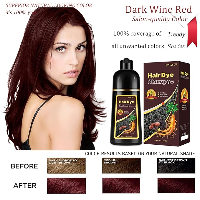 Dark Wine Red Hair Dye Shampoo, 100% Gray Hair Coverage for Men & Women, Instant and Long-lasting Hair Color Shampoo in Minutes, 3 in 1 Pure Plant Extract Natural Hair Dye Kit for All Hair Types-BrightBean Baby