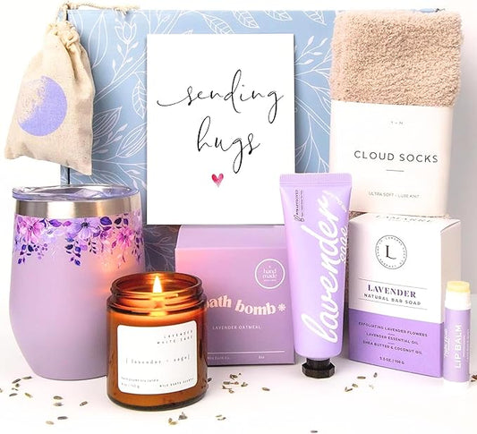 Unboxme Lavender Spa Gift Set - Relaxation Gifts For Women - Get Well Soon Gift Basket with Scented Candle, Bath Bomb, Soap ("Sending Hugs" Greeting Card, Luxury Lavender Collection)-BrightBean Baby
