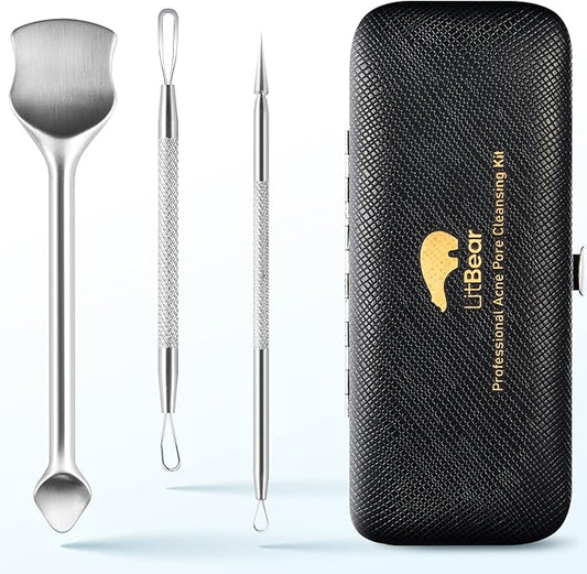 LitBear Pore Prep Tool, Blackhead Remover Pimple Popper Tool Kit, Stainless Steel Blackhead Extractions Tool for Acne, Whitehead Popping, Blemish, Comedone, Black-BrightBean Baby