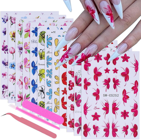 Flower Petal Nail Art Sticker 12 PCS Simple French Floral Nail Decals Lily Orchid Leaves Flamingo Designs with Tweezers Hot Pink Blue Purple Green Flower Sliders Nail Art Decoration DIY Accessories-BrightBean Baby