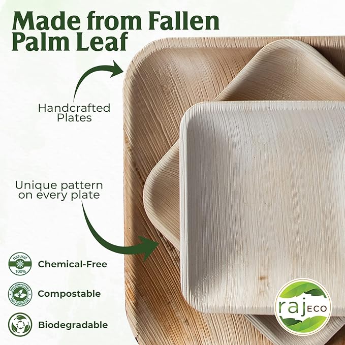 Raj Palm Leaf Plates Plates like Bamboo plates Disposable, Decorative Compostable Tableware for wedding, Lunch, Dinner, Birthday, Camping, Outdoor BBQ, Picnic (9.5"x100 7"x100 (200 Pack))