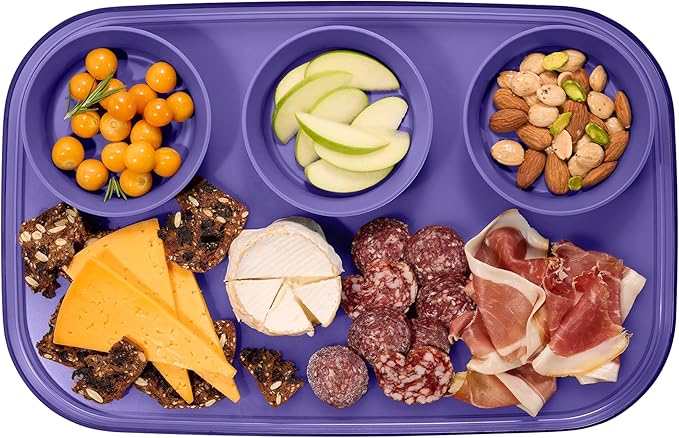 madesmart dipware 3 Bowl Serving Tray, Collapsible & Removable Dip Bowls for Charcuterie, Guacomole, Snacks, Veggies, Premium Dishwasher & Microwave Safe, Multipurpose Plate & Bowl, Purple