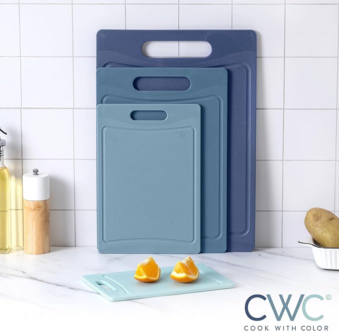 COOK WITH COLOR Non-Slip Cutting Board Set – Kitchen Essentials with Easy Grip Handle for Meat, Veggies, and Fruits, 4 Cutting Boards, Blue-New