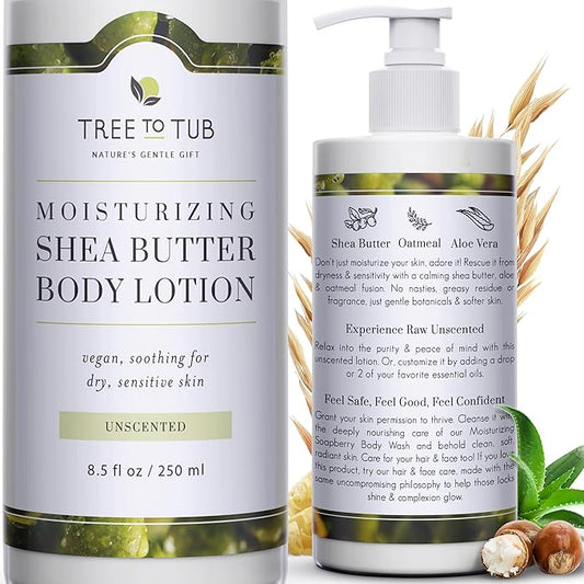 Tree to Tub Unscented Shea Butter Body Lotion for Dry Skin - Fragrance Free Lotion,Vegan Body Moisturizer, Good for Sensitive Skin for both Women & Men-BrightBean Baby