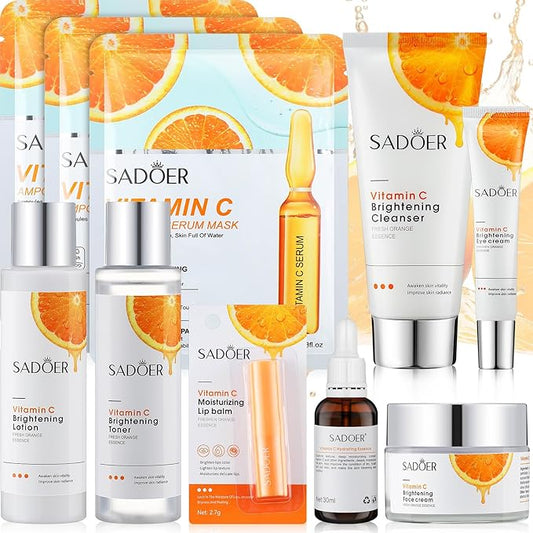 10 Pcs Skin Care Sets Face Care Set for Women Includes 1 Pcs Cleanser, Toner, Lotion, Eye Cream, Serum, Face Cream, Lip Balm and 3 Facial Masks Skincare Gift for Girls (Vitamin C)-BrightBean Baby