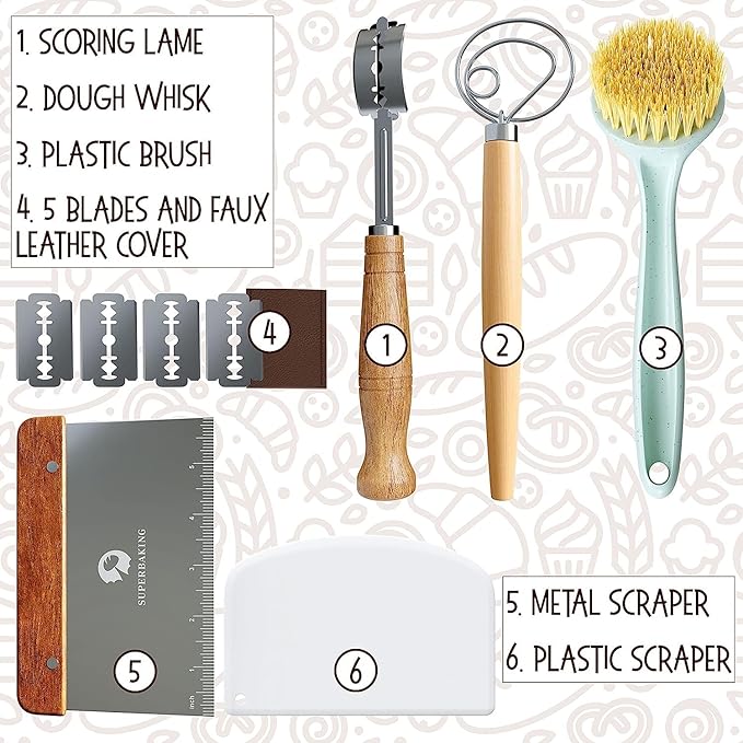 Superbaking 10" Oval Banneton Bread Proofing Basket – Sourdough Starter Kit for Crusty Artisan Style Loaves, Includes Essential Bread Baking Supplies & Tools - Ideal Gift for Bakers