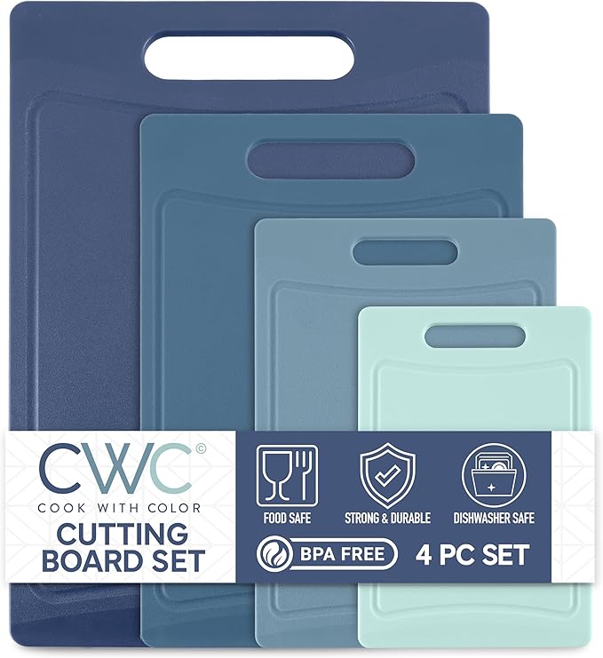 COOK WITH COLOR Non-Slip Cutting Board Set – Kitchen Essentials with Easy Grip Handle for Meat, Veggies, and Fruits, 4 Cutting Boards, Blue-New