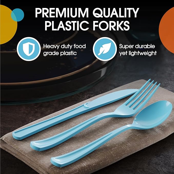 Party Solids Light Blue Plastic Silverware Heavy Duty 150 Pcs Light Blue Plastic Cutlery Sets, Utensil Sets, 50 Of Each Forks, Knives & Spoons Disposable Cutlery Set, Flatware Set For Party Supplies