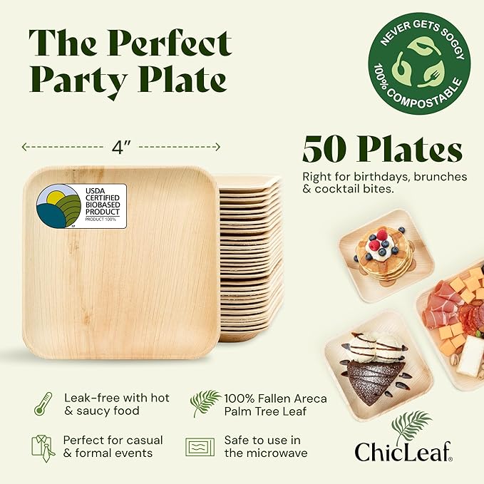 Chic Leaf Compostable & Biodegradable Palm Leaf Disposable Bamboo Plates - Disposable Party Plates for Appetizers - Party Supplies (4'' - 50 Pack)