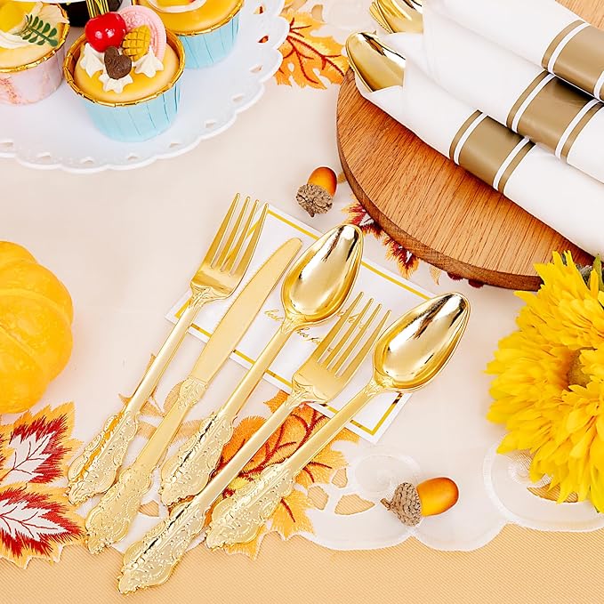 Liacere 400PCS Gold Plastic Silverware - Pre Rolled Napkins Disposable Gold Plastic Cutlery-Premium Quality Utensils-Includes 100Forks,100Knives,100Spoons,100Napkins&Wedding&Thanksgiving