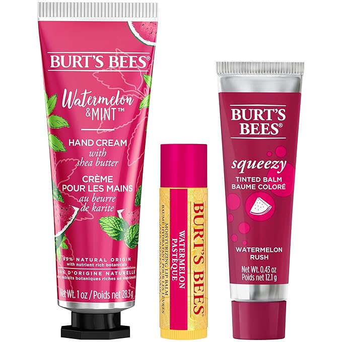 Burt's Bees Mothers Day Gifts for Mom, 3 Self Care Products, You're One in a Melon - Watermelon & Mint Hand Cream, Watermelon Lip Balm & Watermelon Rush Squeezy Tinted Lip Balm (Packaging May Vary)-BrightBean Baby