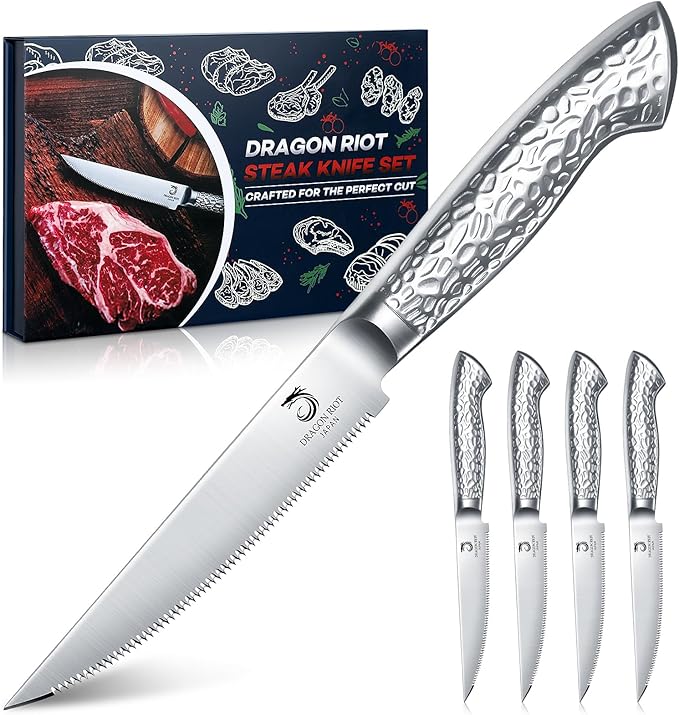 DRAGON RIOT Steak Knives Set of 4 Serrated Edge Steak Knife Set Japanese Stainless Steel Dinner Knife Diswasher Safe Steak Knives with Box