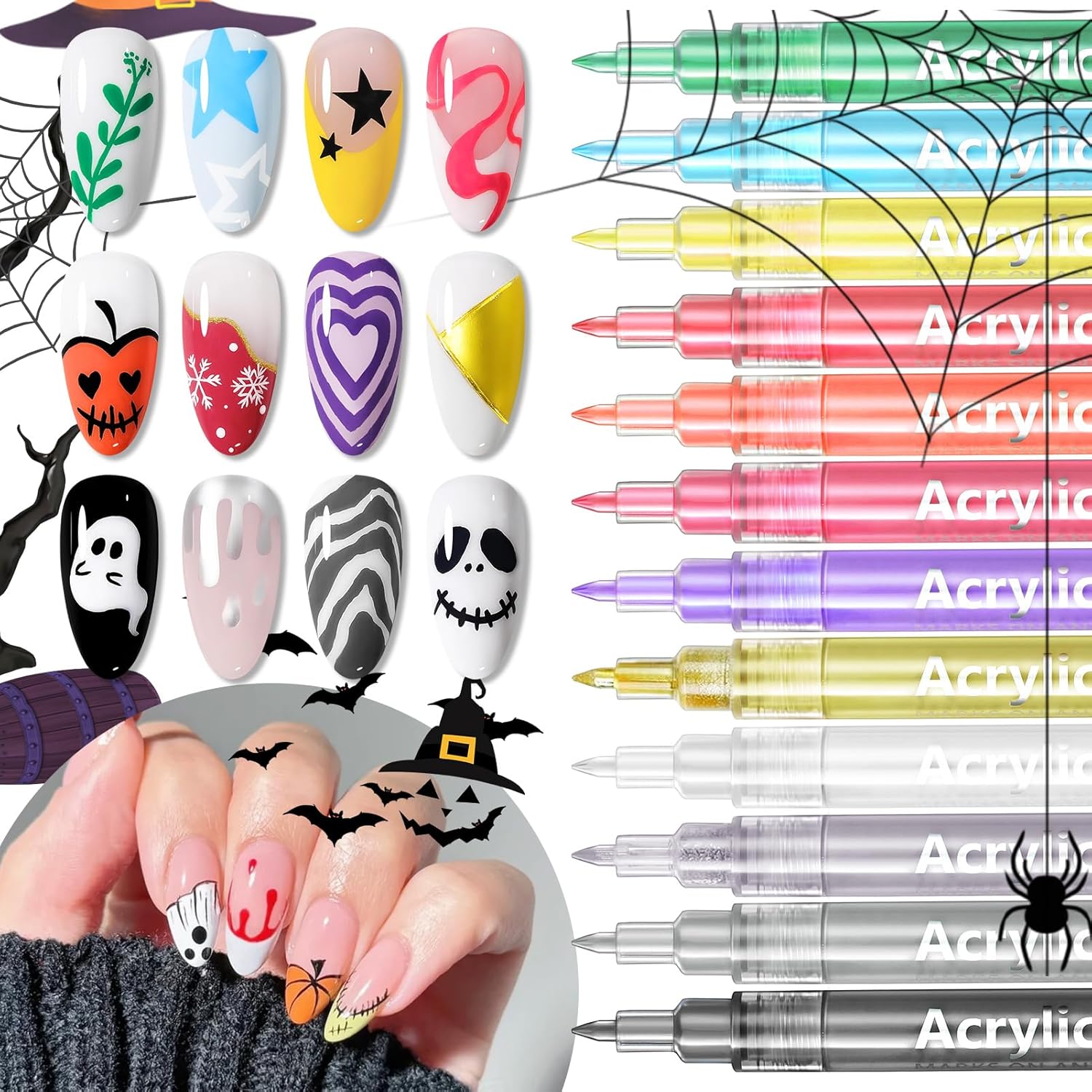 Born Pretty 12 Colors Nail Art Pens Set, Halloween Black White Orange Purple Colors 3D Acrylic Nail Polish Pens Quick Dry Nail Markers for Halloween Drawing Painting Dotting Pen DIY Manicure Tools-BrightBean Baby