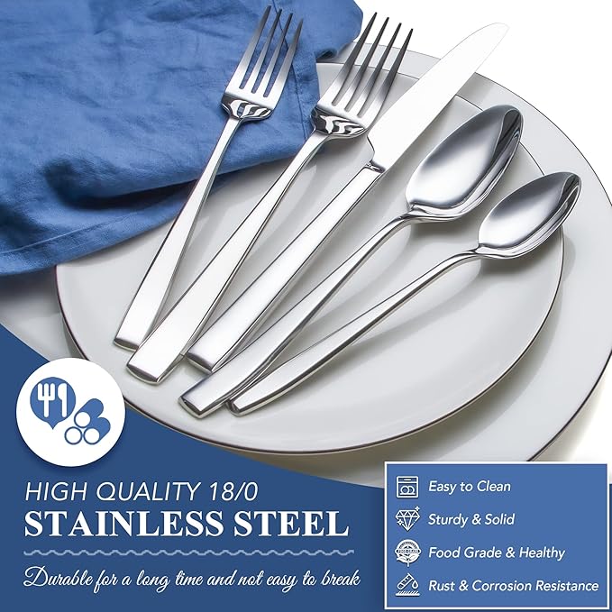 40 Piece Silverware Set Service for 8, EIUBUIE Premium Stainless Steel Cutlery Set, Mirror Polished Flatware Sets Heavy Duty and Solid, Modern Kitchen Eating Utensils Sets Include Spoons Forks Knives
