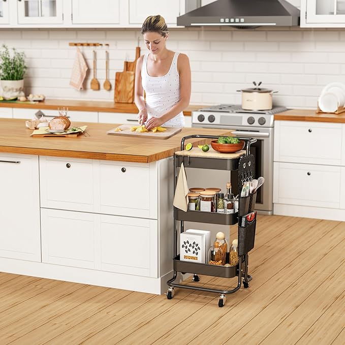 DTK 3 Tier Metal Utility Rolling Cart with Table Top and Side Bags, Tray Storage Organizer Wheels, Art Craft 4 Hooks for Kitchen Bathroom Office Living Room (Black)-BrightBean Baby