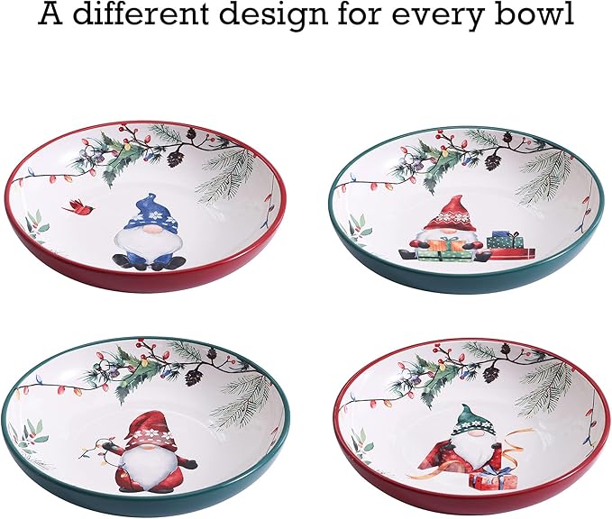 Bico Christmas Gnomes Pasta Bowls, 35oz Salad Bowl Set of 4, Large Ceramic Serving Dinner Bowls for Soup and Cereal, Microwave and Dishwasher Safe, Gift for Housewarming and Thanksgiving