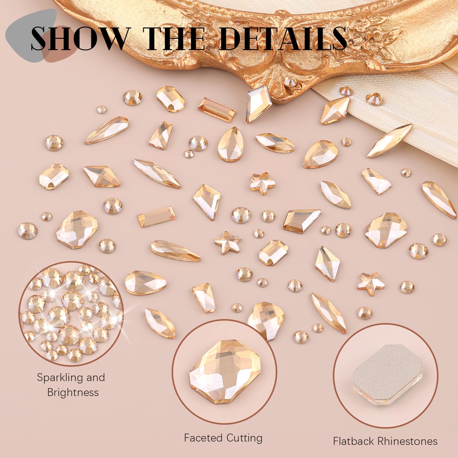 3220Pcs Gold Nail Rhinestones, 1.5-4mm Mini Flatback Crystal & 3D Multi Shapes Gems, Champagne Gold Charms Diamond Gemstones for Nails Decoration-BrightBean Baby