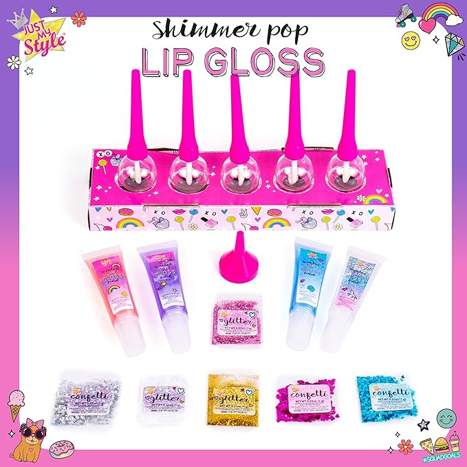 Just My Style Shimmer Pop Lip Gloss, Create 5 Lollipop-Shaped Lip Glosses, Includes Funnel, Empty Lip Gloss Containers, Sweet Lip Gloss Base, Body Glitter & More, DIY Lip Gloss, Multi (208316J)-BrightBean Baby