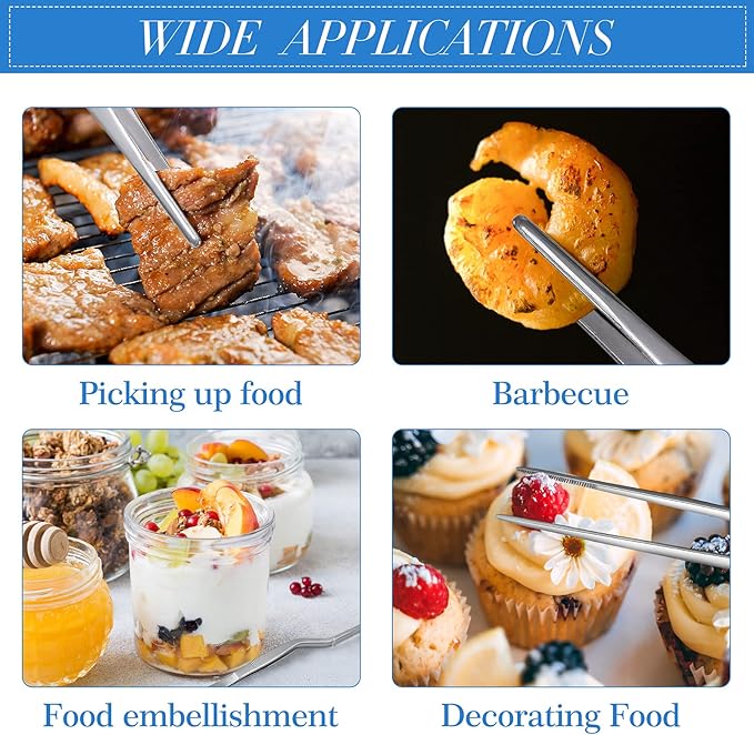 Chumia 3 Piece Stainless Steel Tweezers - Precision Kitchen Tongs for Plating, Food Handling & Cake Decorating