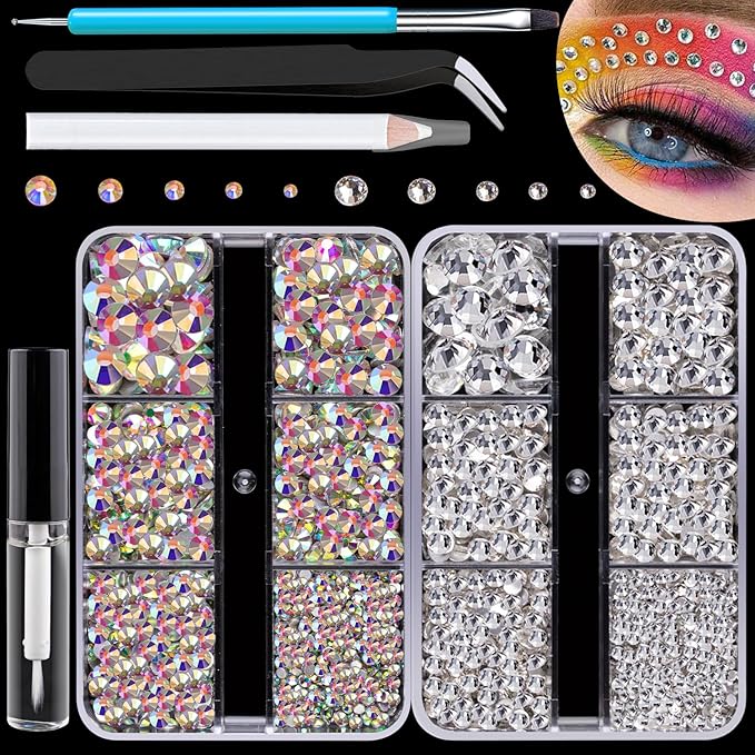 Colorful Face Gems for Makeup Set, Flatback Gorgeous Charming AB Glass Gem+Clear Glass Gem with Makeup Glue+Picker Pencil+Tweezer+Dual-End Dotting Tool for Eye Body Hair Make-up and Nail Art Deco-BrightBean Baby