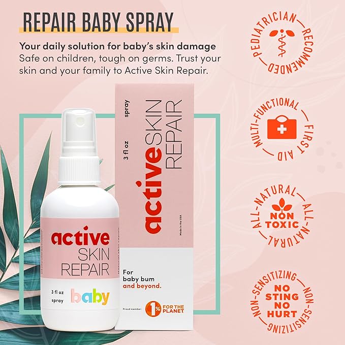 Active Skin Repair Natural, Non-Toxic, No Sting Baby Spray First Aid Safe For Use on Diaper Rash, Baby Acne, Eczema, Cuts, Wounds, Scrapes, and Other Skin Irritations (3 oz. Spray)-BrightBean Baby