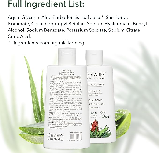 Organic Aloe Vera Facial Toner - 98% Natural Ingredients - Intense Hydration, Hyaluronic Acid, 98% Natural, Vegan - Deep Moisture, Refreshes, and Revitalizes The Skin - 8.5 Fl Oz / 250ml-BrightBean Baby