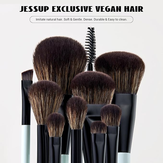 Jessup Makeup Brush Set 6pcs Double Sided Makeup Brushes Foundation Contour Blush Highlight Blending Eyebrow Brush Eyeshadow Brush, Vegan Fiber Make up Brush Bright Cyan T501-BrightBean Baby