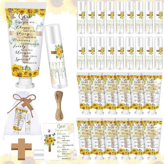 144 Pcs Christian Lip Balm Hand Cream Set Party Favors, Include 36 Bible Lip Balm 36 Moisturizing Hand Cream 36 Bags 36 Cards and Ropes for Accessories Gifts (Biblical, Sunflower)-BrightBean Baby