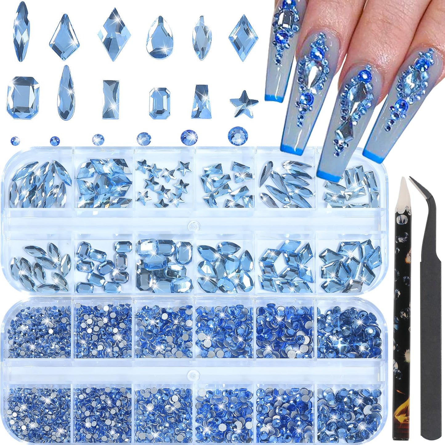 HNUIX Nail Rhinestones - 3D Multi Shape Size Crystal, Light Blue Nail Gems, Flat Back, with Kit, for Nail Art, DIY Decorations-BrightBean Baby