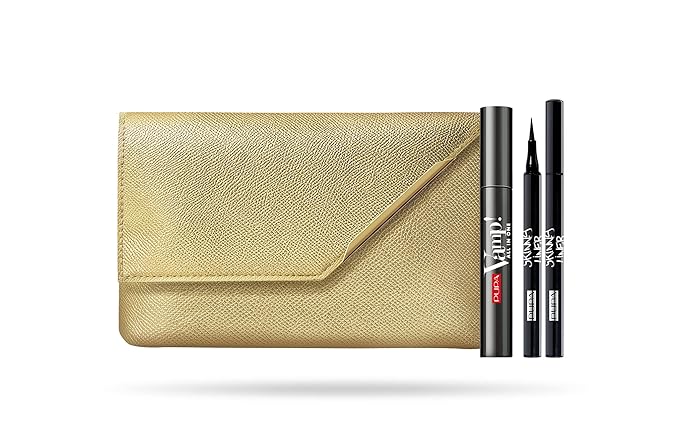 PUPA Milano Vamp! All In One And Skinny Liner Set - Volume Mascara And Ultra-Slim Eyeliner Pen - Naturally Formulated To Lengthen And Strengthen Lashes - Beautiful Gold Handbag - 3 Pc Mascara Kit-BrightBean Baby